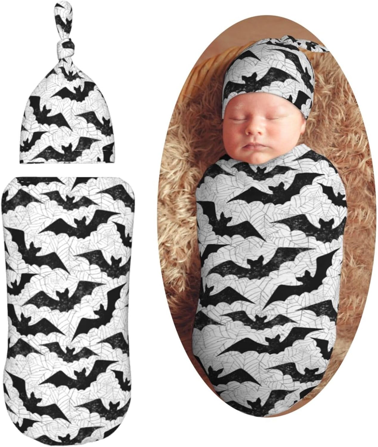 Black Bat Newborn Swaddle Blankets Hat Sets Soft Baby Receiving Blanket Swaddle Sack for Baby Shower Infant Boy Girl Gift