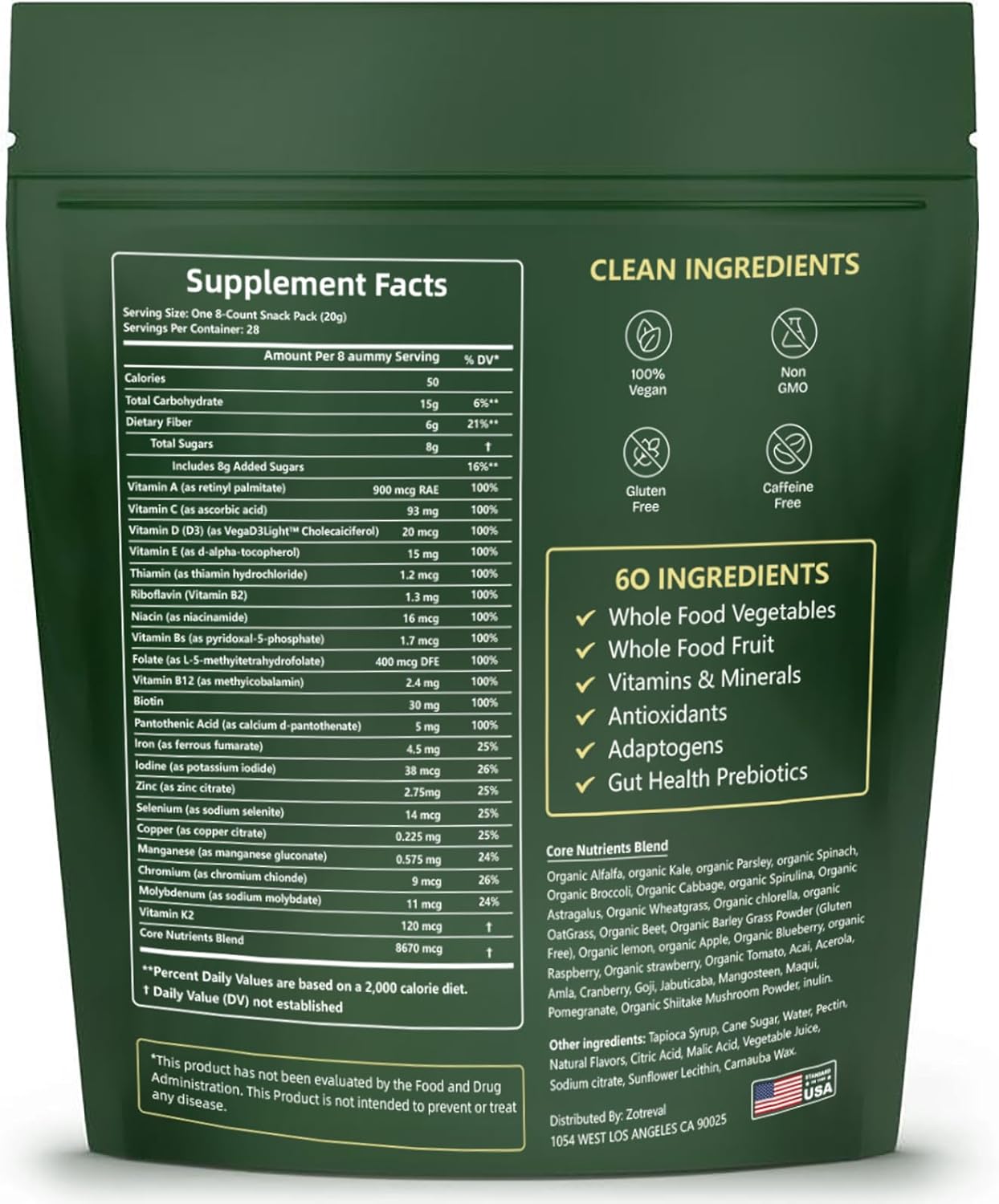 Daily Greens, Superfood Green Gummies Packets - Digestive & Gut Health, Chlorella and Spirulina Supplement with 20+ Organic Prebiotics Fiber Vitamins & Minerals - 224 Low Sugar Gummy