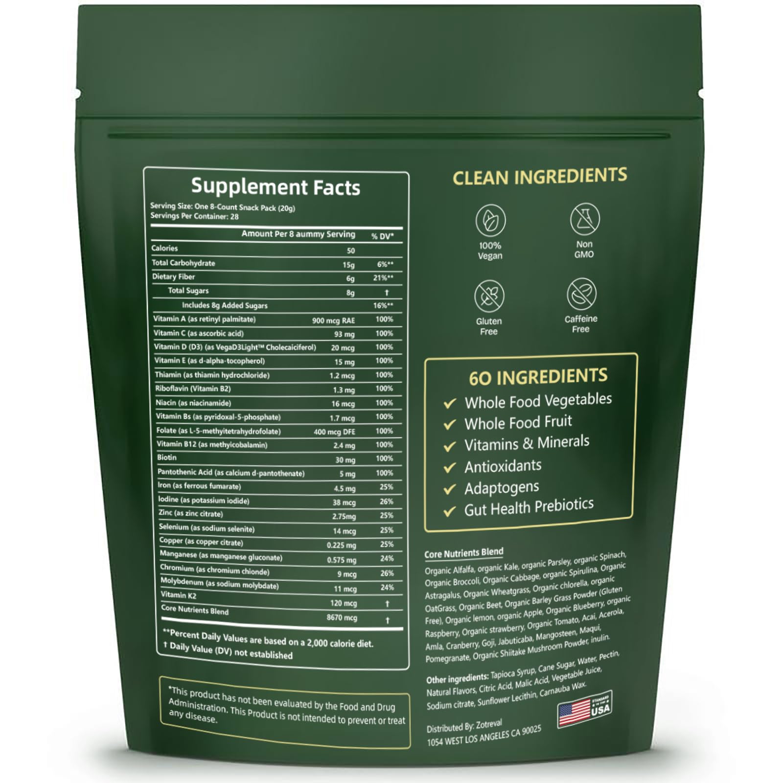 Zotreval Daily Greens, Superfood Green Gummies Packets - Digestive & Gut Health, Chlorella and Spirulina Supplement with 20+ Organic Prebiotics Fiber Vitamins & Minerals - 224 Low Sugar Gummy