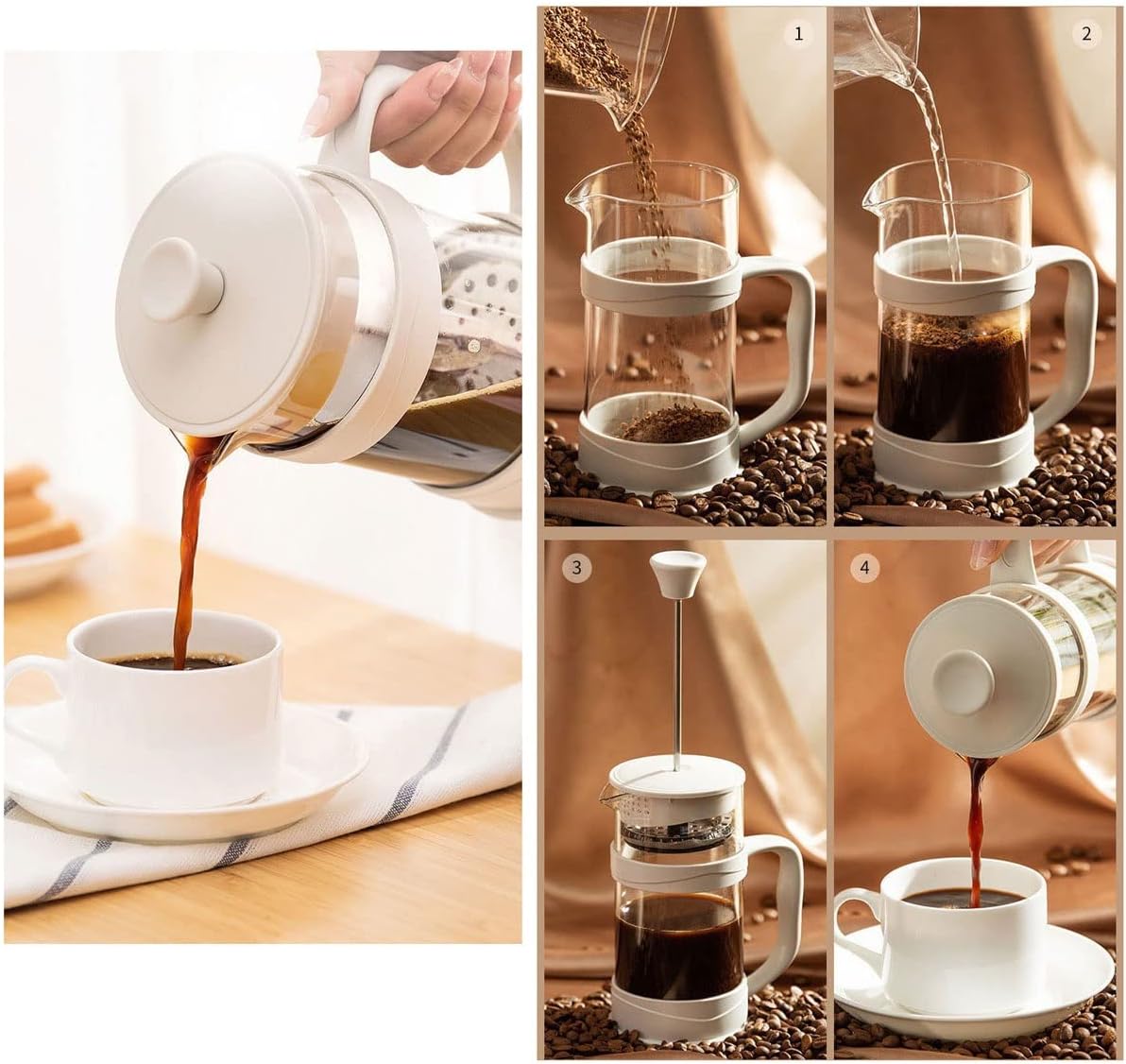 French Press Coffee, Tea and Espresso Maker, Heat Resistant Glass with 3 Filter Stainless-Steel System, BPA-Free Portable Pitcher Perfect for Hot & Cold Brew, 1000ML