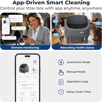 KITPLUS Self Cleaning Cat Litter Box with APP Control, Open Top Automatic Cat Litter Tray for Large Cats, 10L Waste Bin, Up to 14 Days Hands-Free Cleaning, Quiet Operation, Safety Sensors