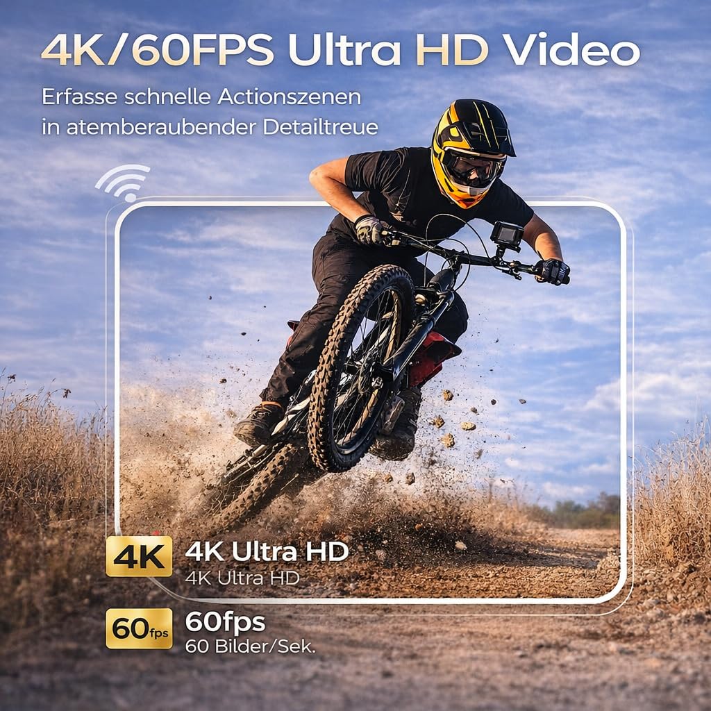 Action Cam,unterwasserkamera,Unterstützung 4K 60FPS,50MP WiFi,170° Ultra Weitwinkel Full HD mit EIS, 2.4G Fernbedienung,für Fahrrad Motorrad