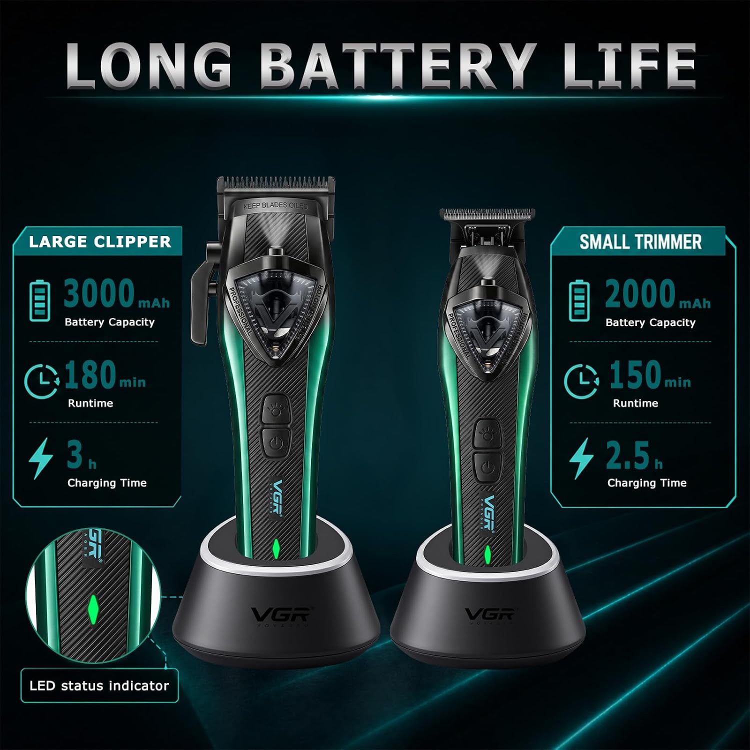 VGR 883S2 Professional Hair Clippers for Men, Cordless Barber Clippers & Zero-Gap Trimmer with Intelligent Speed Vector Motor 9000-11000 RPM, Rechargeable Barber Kit for Home and Travel