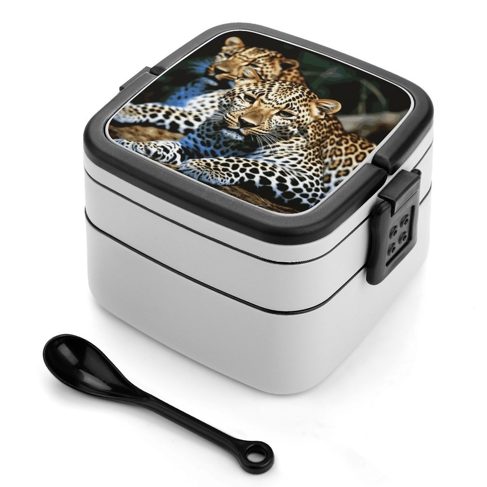 JTREHY Leopard Lunch Box Double-Layer Portable Lunch Container Stackable Large Capacity Leakproof Bento Box for Dining Out Work Picnics Travel