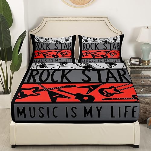 Miniatura 3 de Erosebridal Juego de sábanas de música rock para guitarra eléctrica, juego de sábanas temáticas musicales King Punk Rock Popstar sábanas, sábana