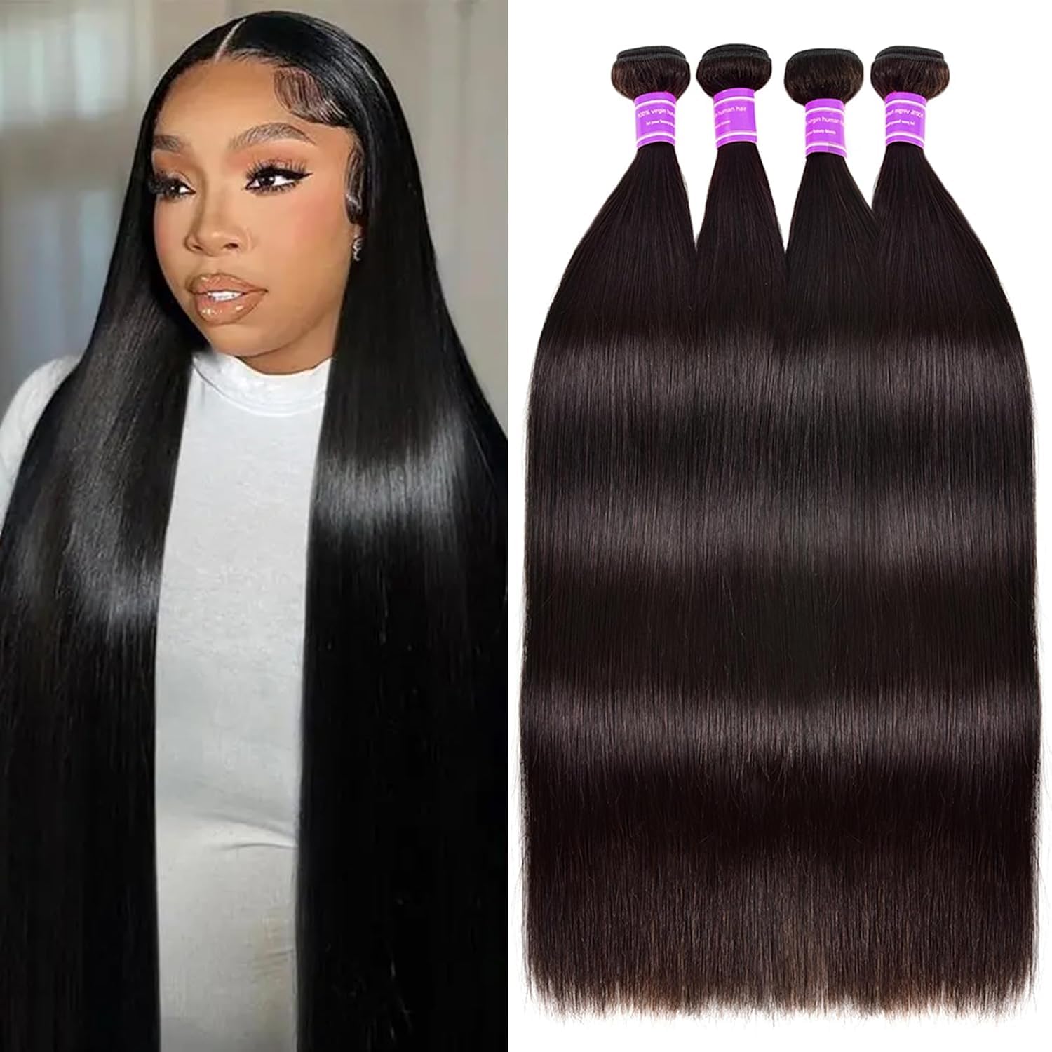 12A Human Hair Bundles Straight 4 Bundles Brazilian Virgin Hair Double Weft Bundles Deals Human Hair Straight Human Hair Extensions (30303030)