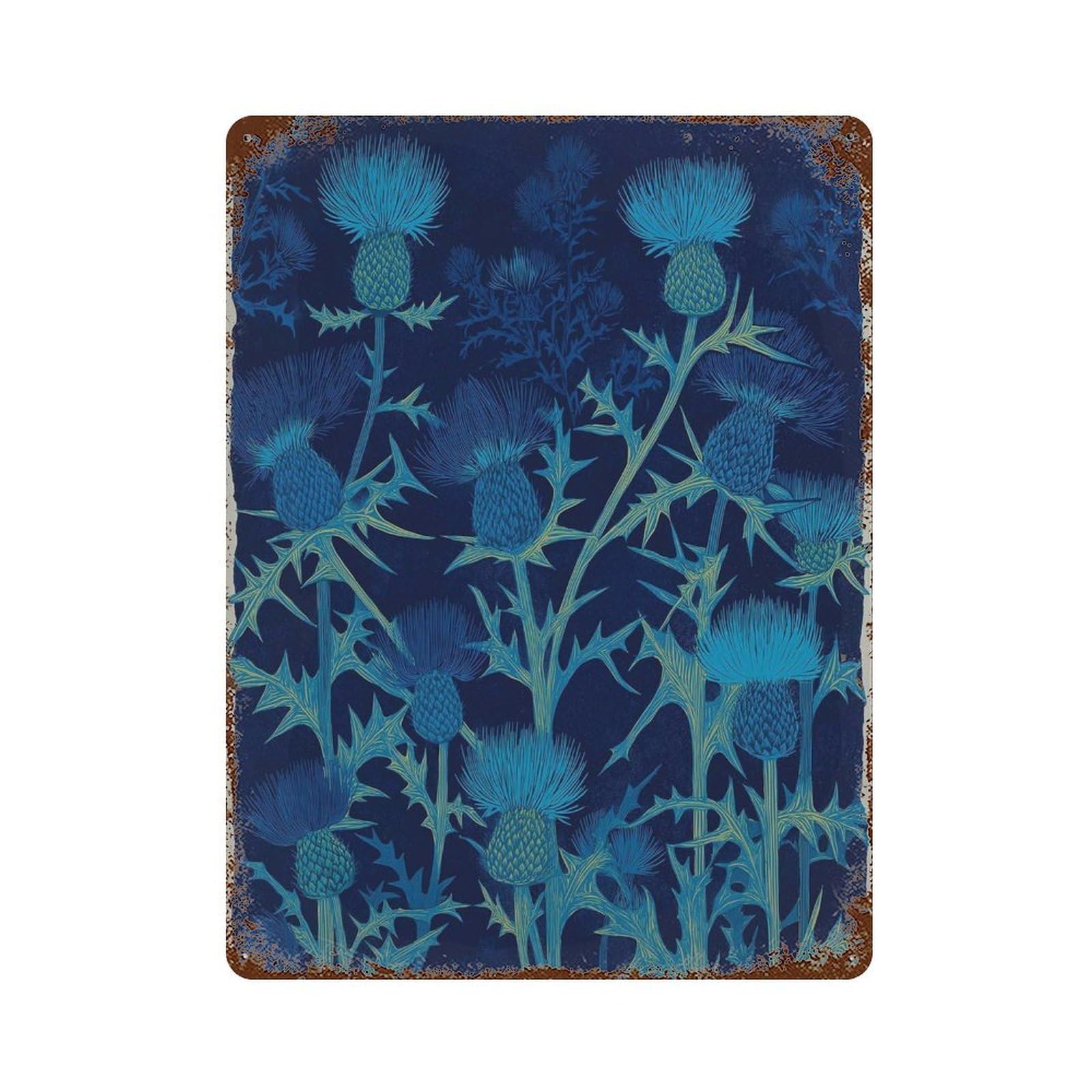 xiaoxiaoshen Scottish Thistle Linocut Style Blue Botanical Floral Nature Scotland National Fl Wall Decor Art Metal Tin Poster Modern Home Decor Art Home Bar Shop Decorations Vintage Sign 40x30cm