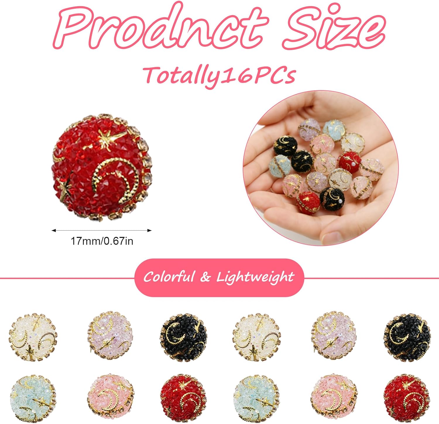 Decoendiy 16Pcs Rhinestone Focal Beads for Pens,Fancy Bling Glitter Sparkle Chunky Diamond Straight Hole Printed Star/Moon Acrylic Beads with Chain,for Jewelry Keychain DIY Making - Image 2