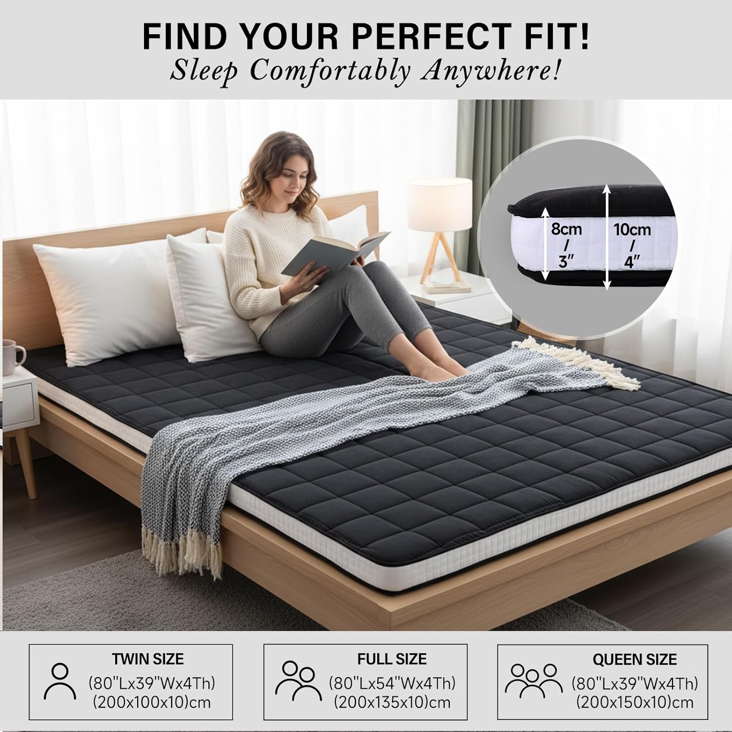 Tiita Japanese Floor Mattress, 4” Thicken Futon Mattress with Storage Bag and 2 Straps，Queen Size Sleeping Tatami Mat for Adults，Black