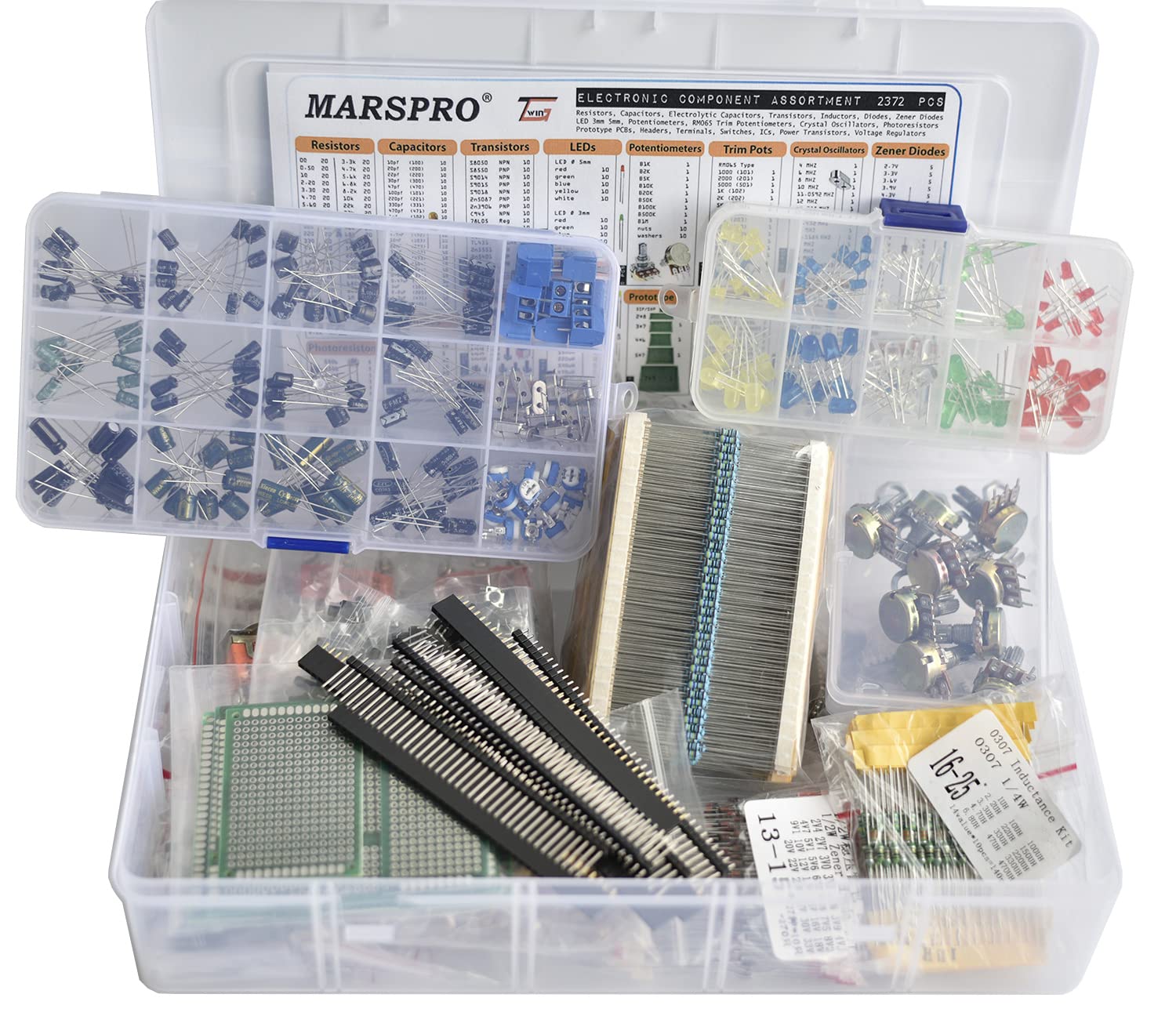 2372 pcs Electronic Component Assortment Kit, Inductors, Diodes, Transistors, Resistors, Capacitors, Potentiometer, IC, LED and PCB