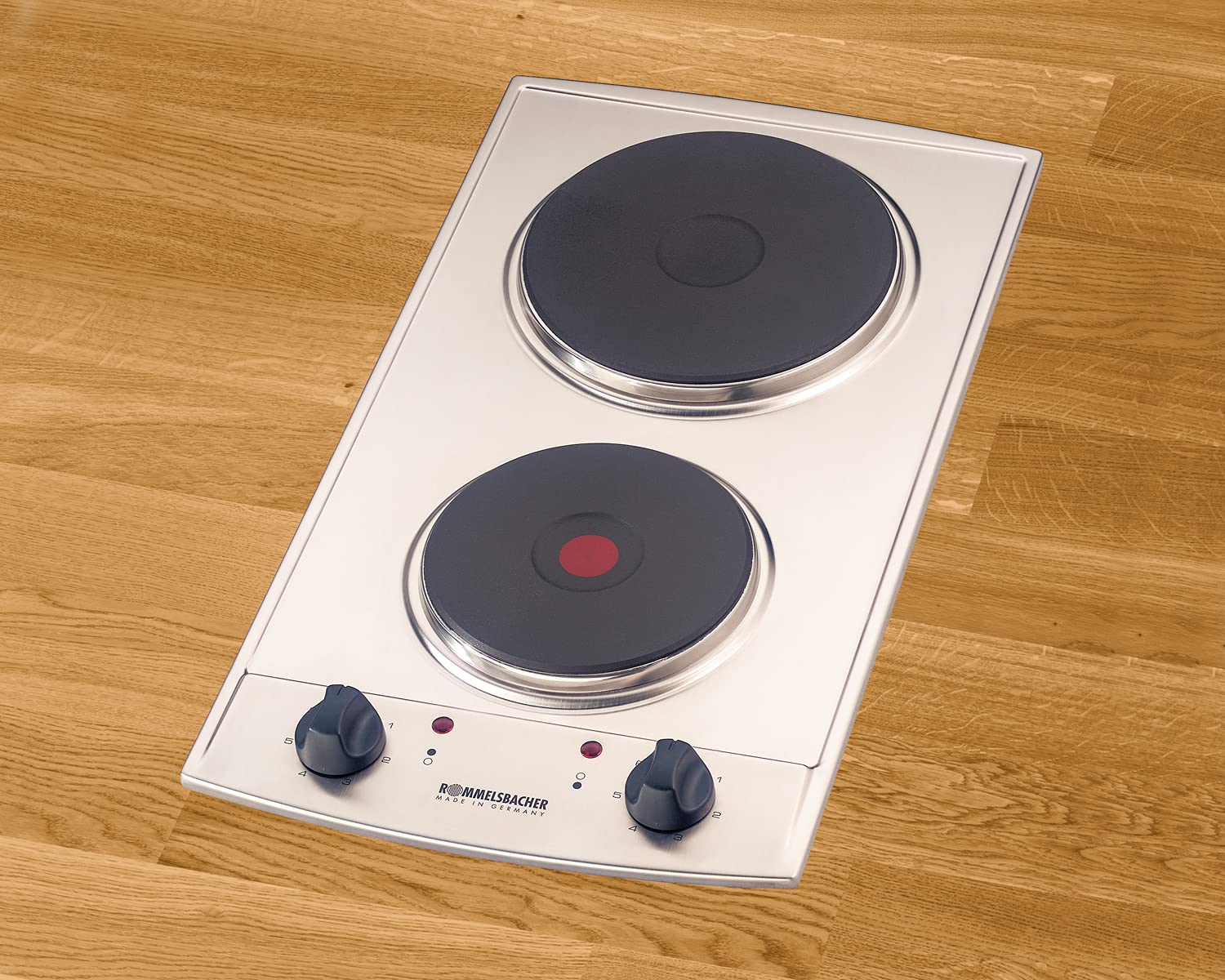 ROMMELSBACHER Domino Einbaukochfeld EBS 3074/E - Made in Germany, 2 Gussheizplatten, leistungsgesteuert über 7-Takt-Schalter, Überhitzungsschutz, 3000 Watt, Einbaumaße 27,0 x 50,0 x 6,2 cm, Edelstahl
