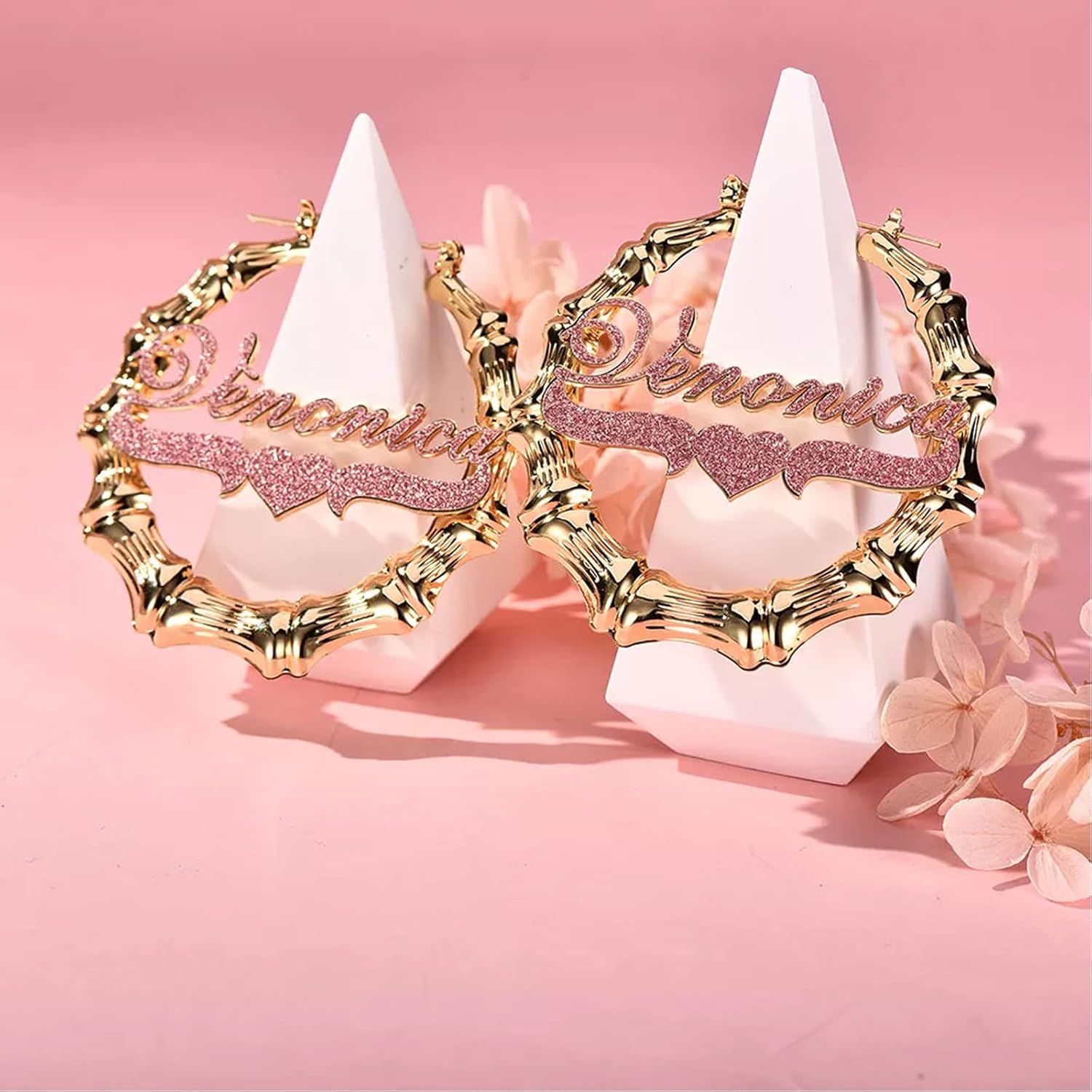 Custom Name Earrings Personalized Bamboo Earrings with Heart 18K Gold Plated Big Hoop Earrings Fashion Jewelry Gift for Women Girls