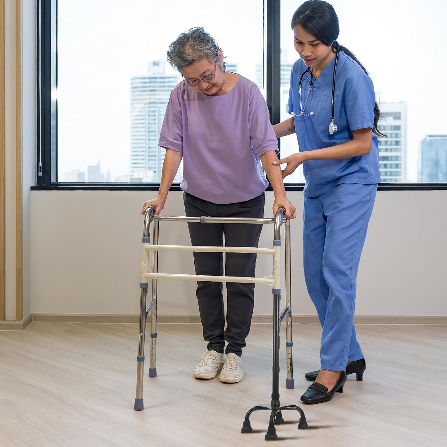 Self Standing Cane Tips Replacement, Heavy Duty Walking Stick Foot Pad, Non-Slip Crutch Quad Base Feet Pads for Elderly Mobility Aid