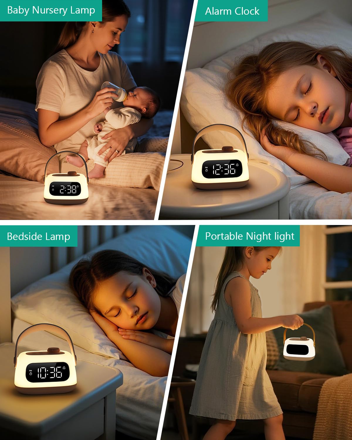 ORIA Nachtlicht für Kinder, LED Lichtwecker mit Doppelalarme, Stufenloses Dimmen, Countdown, Snooze, Nachttischlampe für Kinderzimmer, Babyzimmer, Schlafzimmer