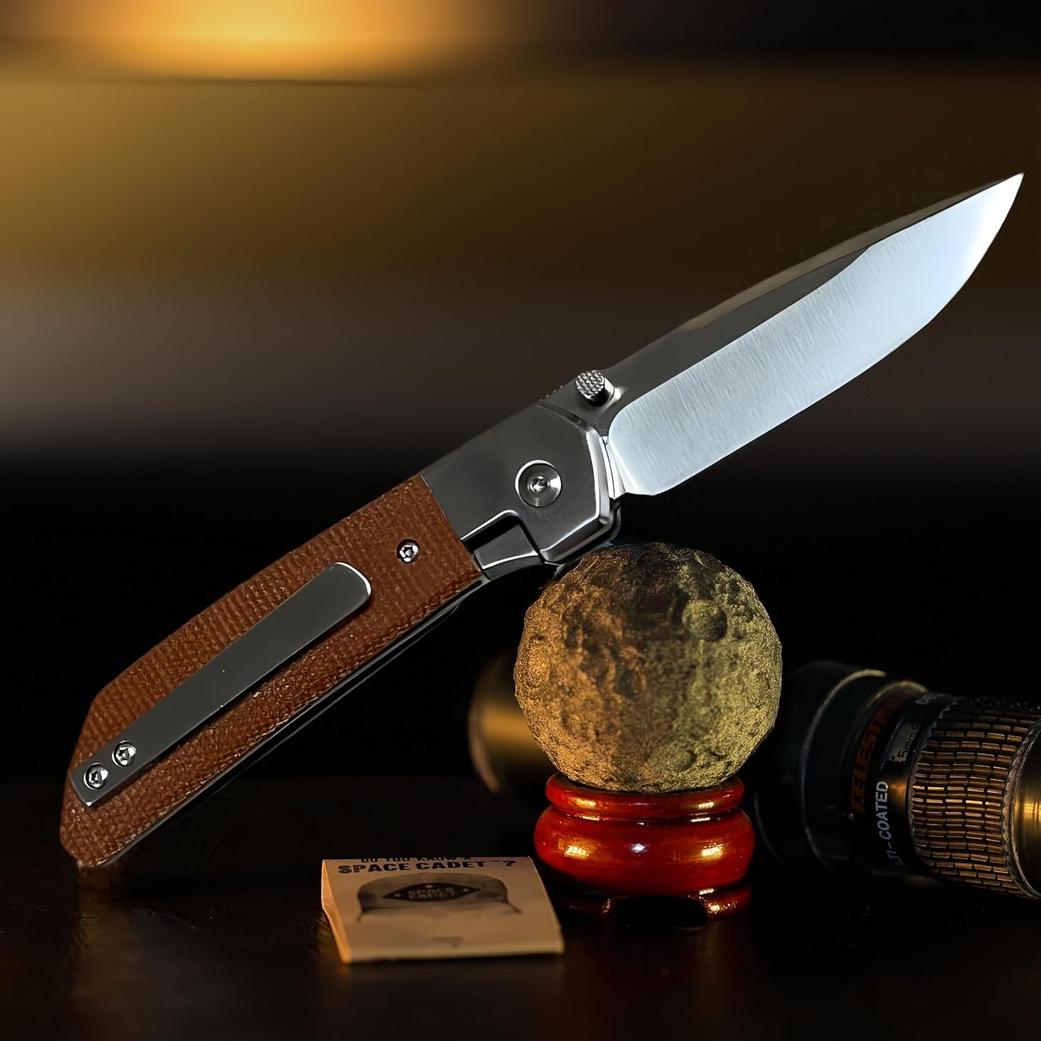 Premium EDC Folding Pocket Knife - 2.75" D2 Steel Drop Point Blade, Brown Linen Micarta Handle, Smooth Ball Bearing Pivot, Ultra-Lightweight 2.26oz Outdoor Knife with Titanium Clip for Camping & Everyday Carry