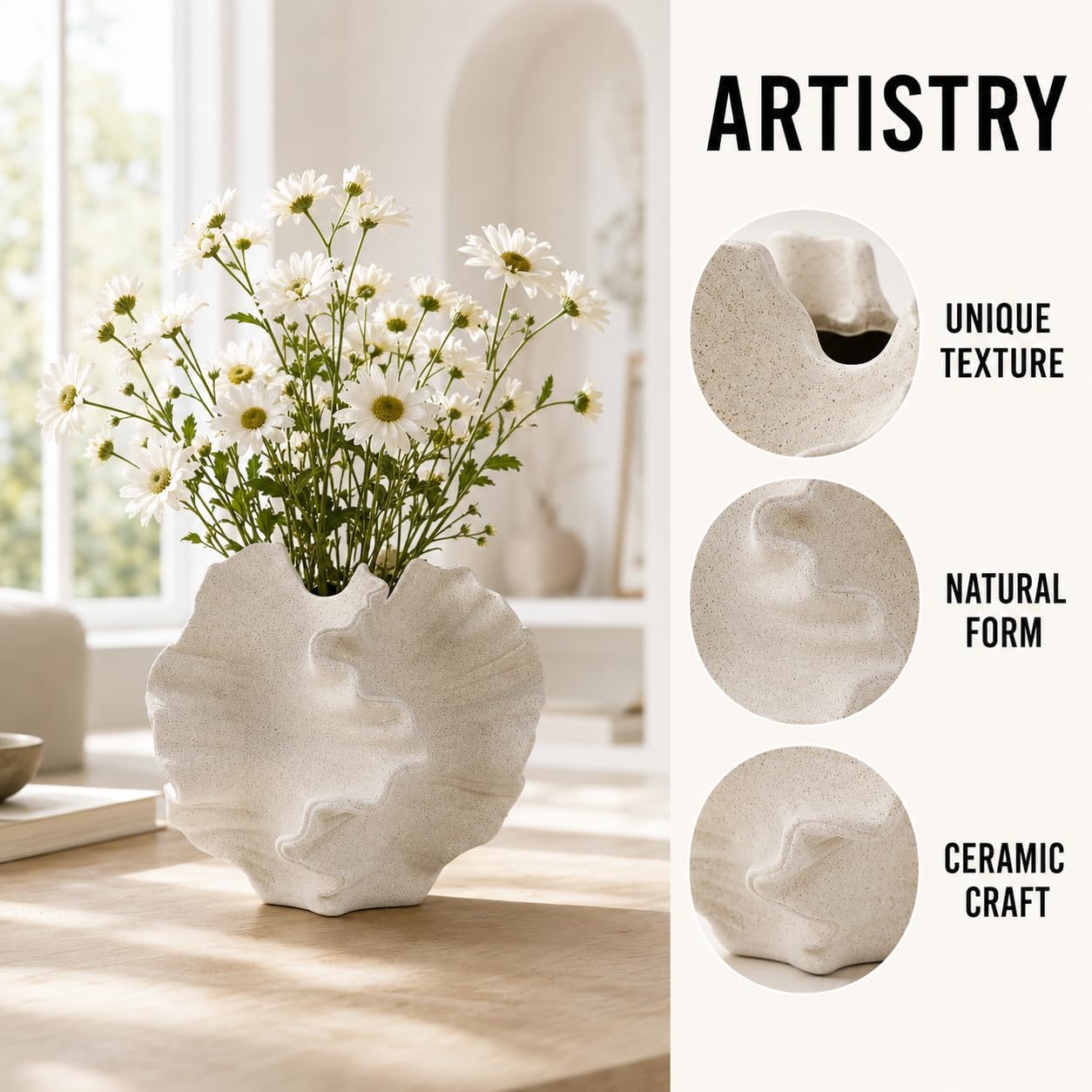 Ceramic Vase, Modern Sculptural Textured Vase, Beige Abstract Flower Vase for Home Decor, Living Room, Coffee Table, Shelf, Office, Centerpiece