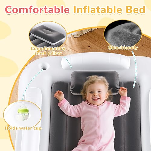 Miniatura 5 de Cama inflable de viaje para niños, colchón de aire portátil y cómodo con parachoques de seguridad de 3 lados, cama inflable para acampar y viajar