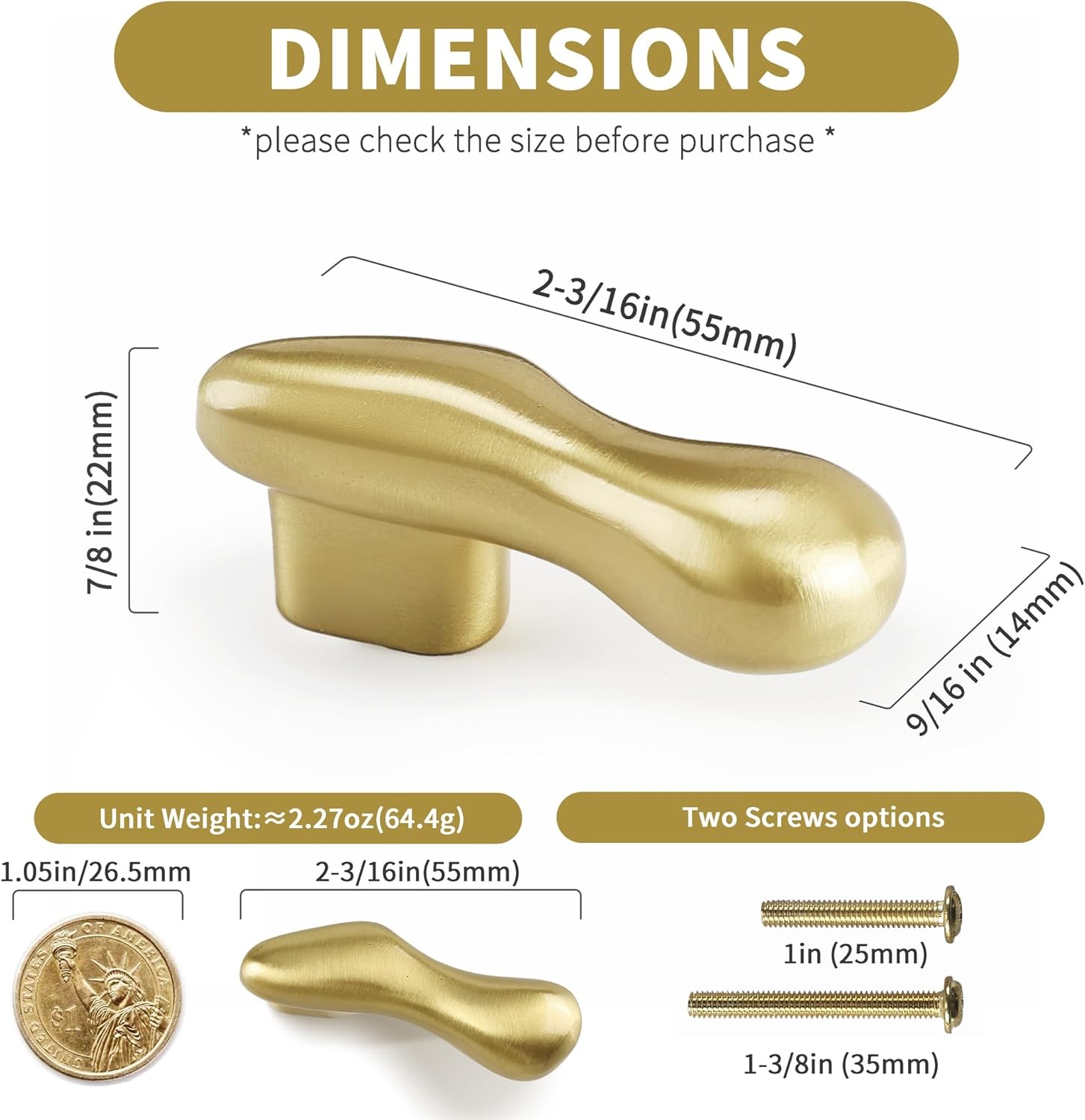 Solid Brass Cabinet Knobs, Gold Brushed Brass Dresser Pulls Handles, Modern Ergonomic Teardrop Shaped Unique Hardware for Cupboard Drawer, Kitchen, Bathroom