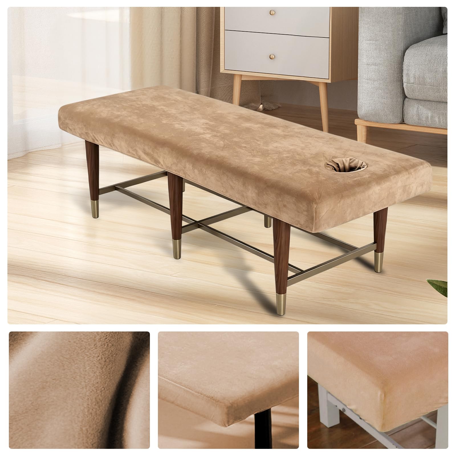 Housse pour table de massage avec trou : 80 x 190 cm en velours cristal épais, lavable, douce et respirante, convient aux tables de maquillage et bancs de thérapie, chameau