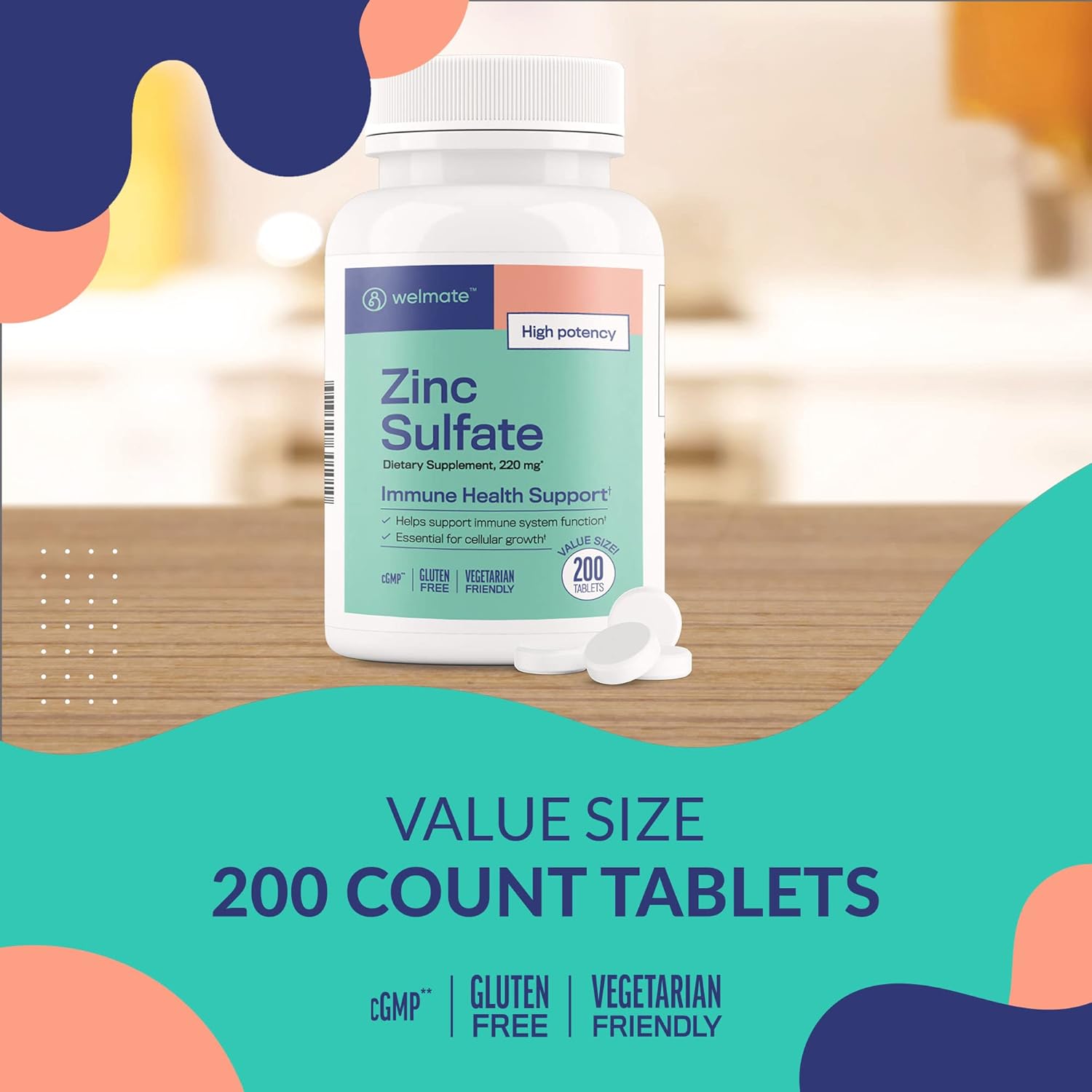 Welmate Zinc Sulfate 220mg | Dietary Supplement | Immune Health Support | 200 Count Tablets : Health & Household