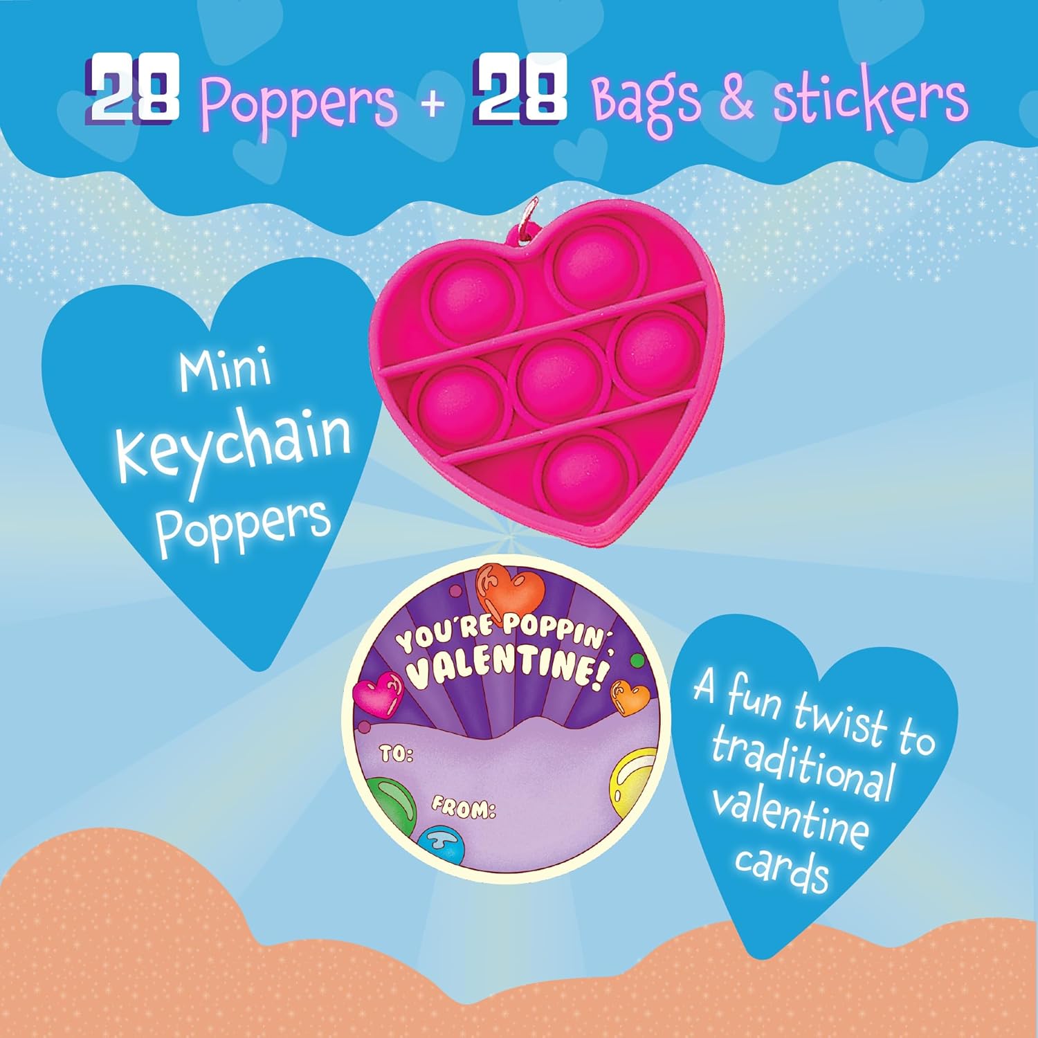 Peaceable Kingdom Valentines Cards for Kids Classroom, Set of 28 Valentines Day Gifts, Mini Popper Heart Pop It Fidget Toys, Classroom Exchange Set, Unique Fun Gifts for Kids, Ages 4+