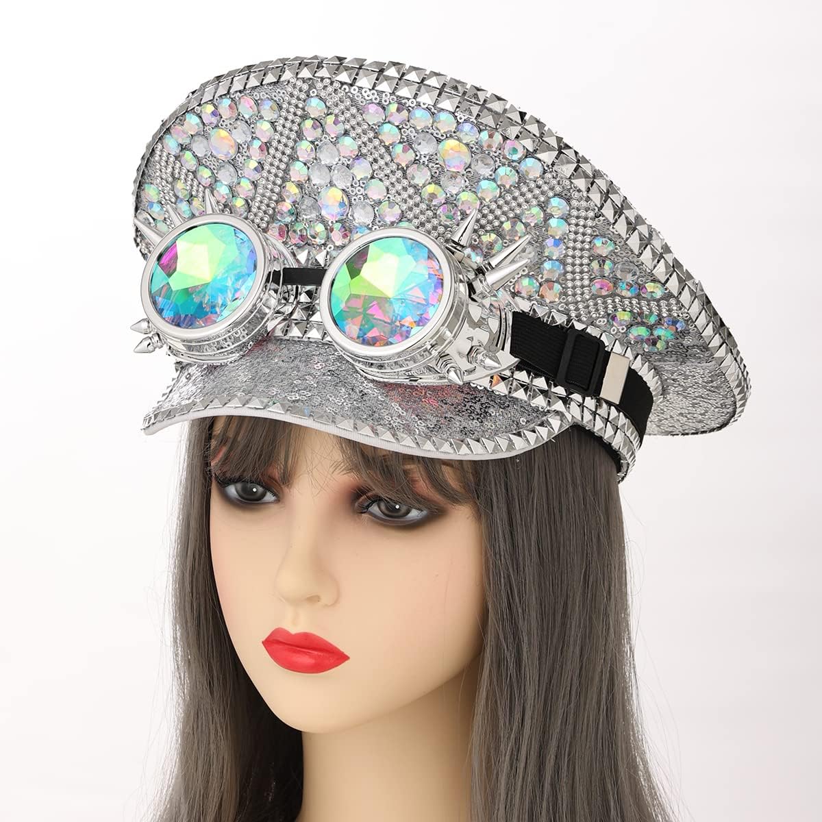 COSDREAMER Women's Burning Man Sequin Hat Festival Military Captain Hats with Goggles