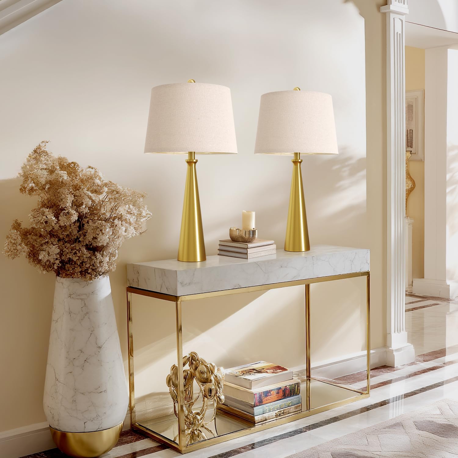 Oneach 25.75" Modern Table Lamp Set of 2, Bedside Lamps with USB Ports, Brass Gold Nightstand Lamps Set for Living Room Bedroom House Bedside Home Office Family