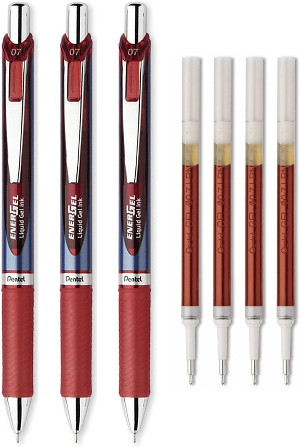 LuPro Liquid Gel Ink Pen Set Kit, Pack of 3 with 4 Refills (Red - 0.7mm, Needle Tip) (Red)