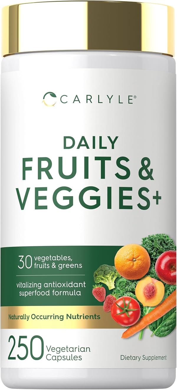 Suplemento de Frutas y Verduras Carlyle | 250 Cápsulas | Elaborado con 30 Frutas y Verduras | Fórmula Superfood Vegetariana, No-GMO, Libre de Gluten, 250 Cápsulas (Paquete de 1)