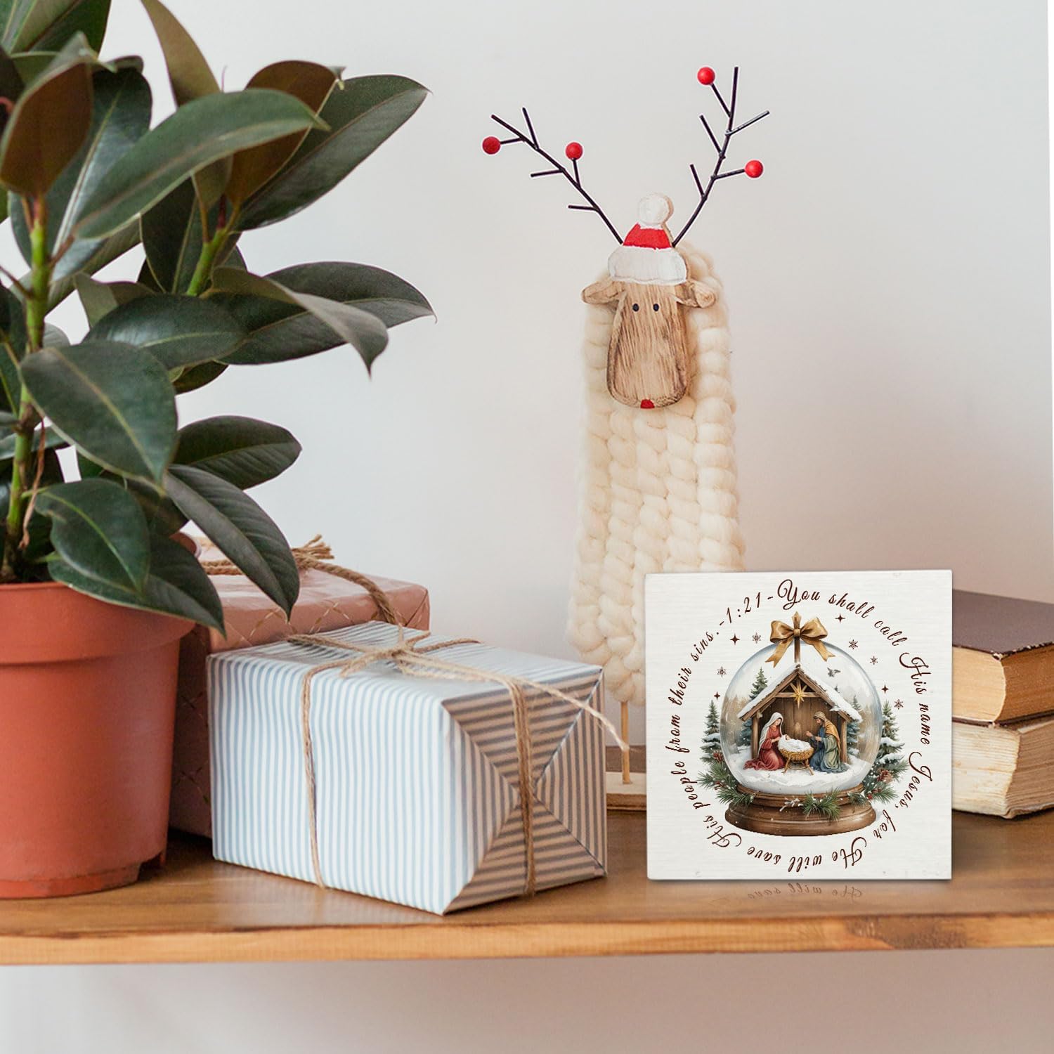 Christian Christmas Nativity Wooden Box Sign Desk Decor, Jesus Birth Christmas Decor, Religious Xmas Wood Block Sign for Home Bedroom Office Desk Table Shelf Wall Decorations, 5x5 Inch image 2