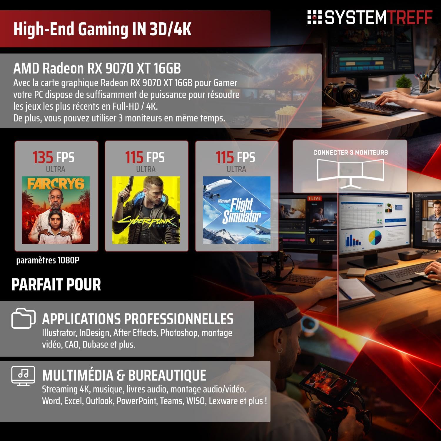 SYSTEMTREFF PC Gamer High-End AMD Ryzen 7 7800X3D 8x5GHz | AMD Radeon RX 9070 XT 16Go DX12 | 1To M.2 NVMe | 32Go DDR5 RAM | Windows 11 | Ordinateur de Bureau pour Les Joueurs, Les Gamers & Streamer