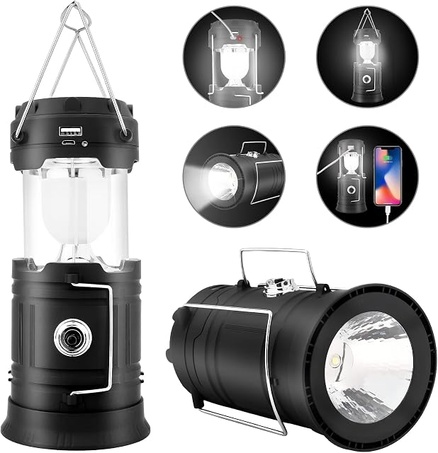 BBtang Upgrade Camping Lantern and Torch for Tents USB Rechargeable, Portable Solar LED Camping Lights Battery Operated Wind Up for Emergency Hiking Outdoor Fishing Power Cuts and More (Black)