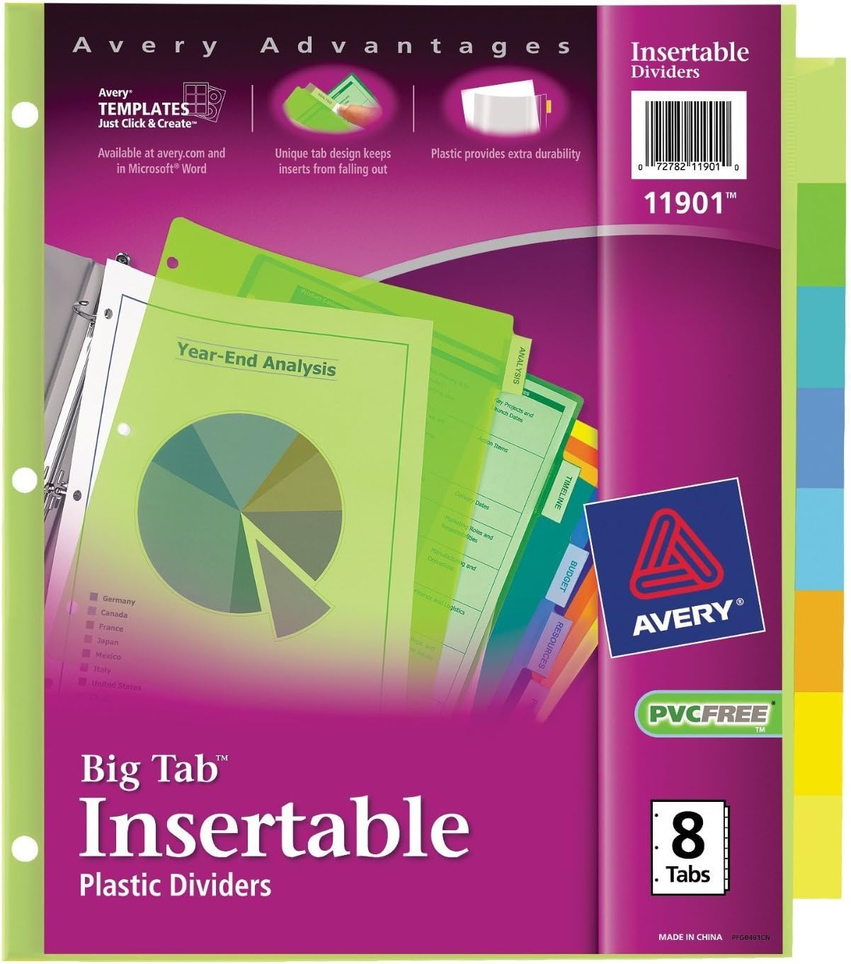 Avery Big Tab Insertable Plastic Dividers, 8-Tab Set, 1 BOX, 24 Sets (11901)