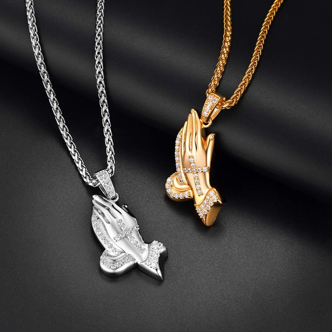 Richsteel Mens Necklaces for Womens Shiny Cubic Zirconia Africa Map/Broken Heart/Praying Hands/Cross Pendent with Spiga Chain Gold/Platinum Plated Hip Hop Jewely - Image 6