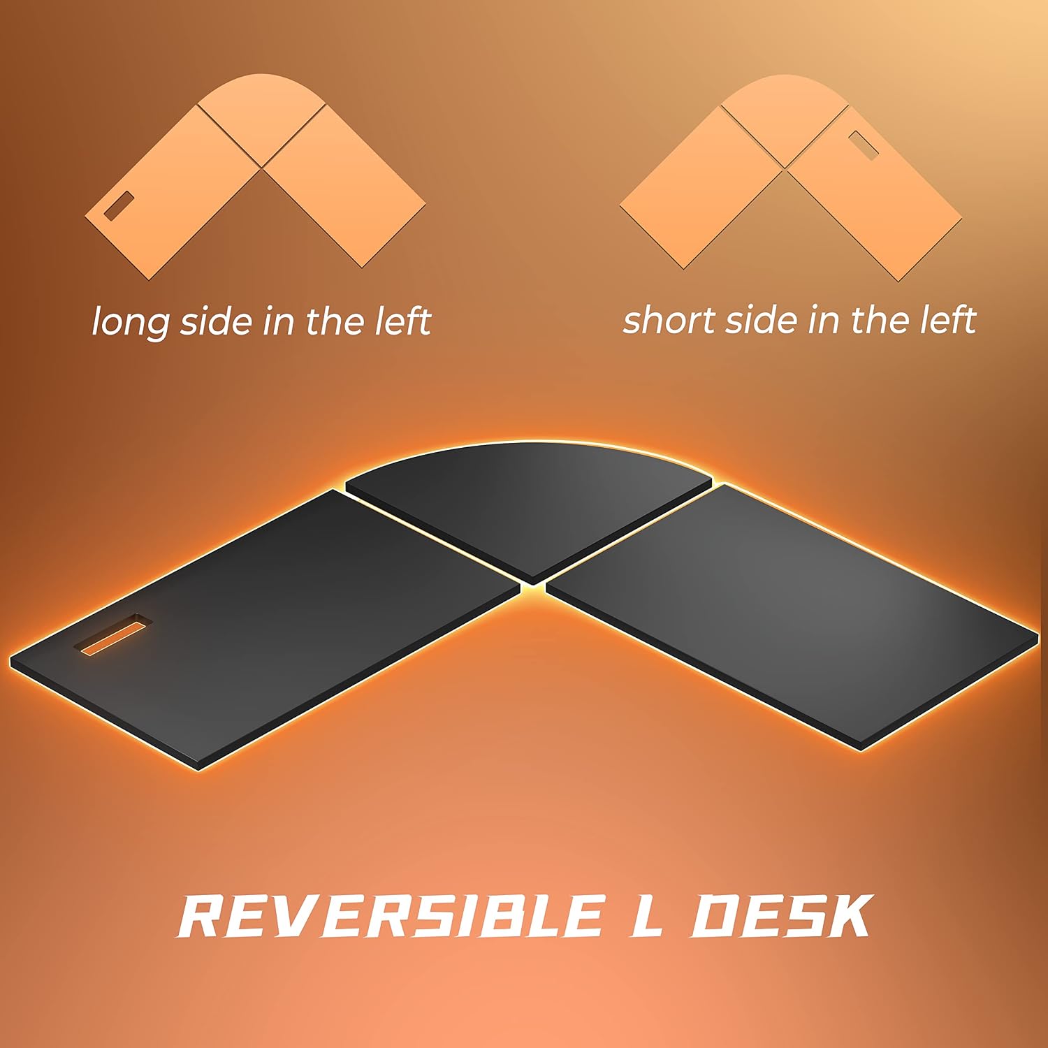 Diagram showing reversible L-shaped desk configurations