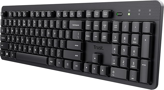 Trust ODY II Silencioso Teclado inalámbrico QWERTY US Formato, Flotantes Teclas de Perfil bajo, a Prueba de derrames, USB Micro Receptor 2.4GHz, Teclado inalámbrico de tamaño Completo para PC,