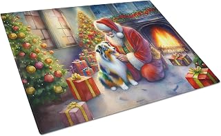 Caroline's Treasures DAC4060LCB Australian Shepherd and Santa Claus Glass Cutting Board Decorative Tempered Glass Kitchen Cutting and Serving Board Large Size Chopping Board