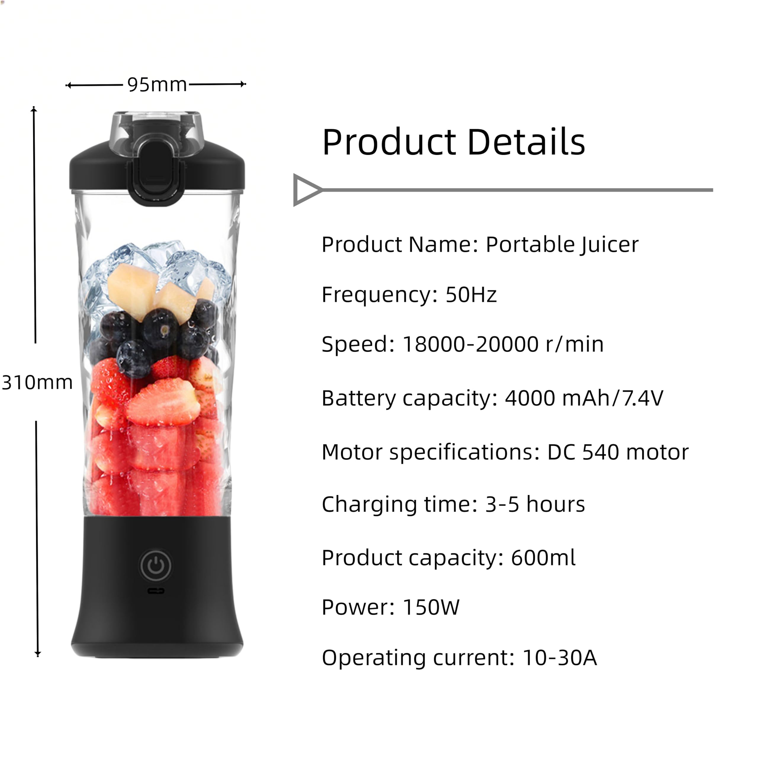 Mélangeur de jus frais portable, mélangeur à portion unique, pour milkshakes et smoothies, machine pour cuisine, bureau, salle de sport, 4000 mAh (noir)