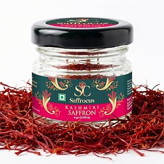 SAFFROCUS Kashmiri Mongra Kesar 4g | A+ Grade Saffron Threads for Cooking Milk Tea Coffee Biryani Kheer Desserts Sweets Pooja DIY Skincare Recipes Spice Glass Jar Pack Vegetarian Natural Ingredient