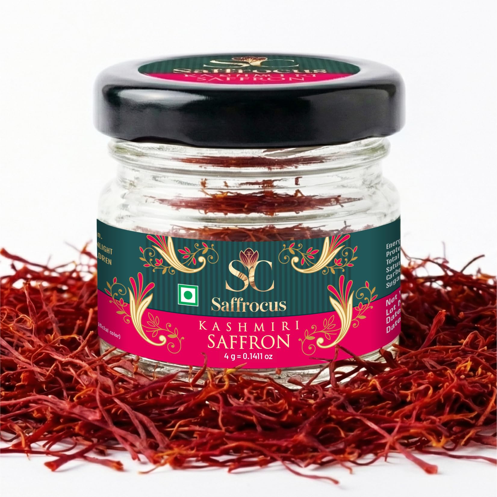 SAFFROCUS Kashmiri Mongra Kesar 4g | A+ Grade Saffron Threads for Cooking Milk Tea Coffee Biryani Kheer Desserts Sweets Pooja DIY Skincare Recipes Spice Glass Jar Pack Vegetarian Natural Ingredient