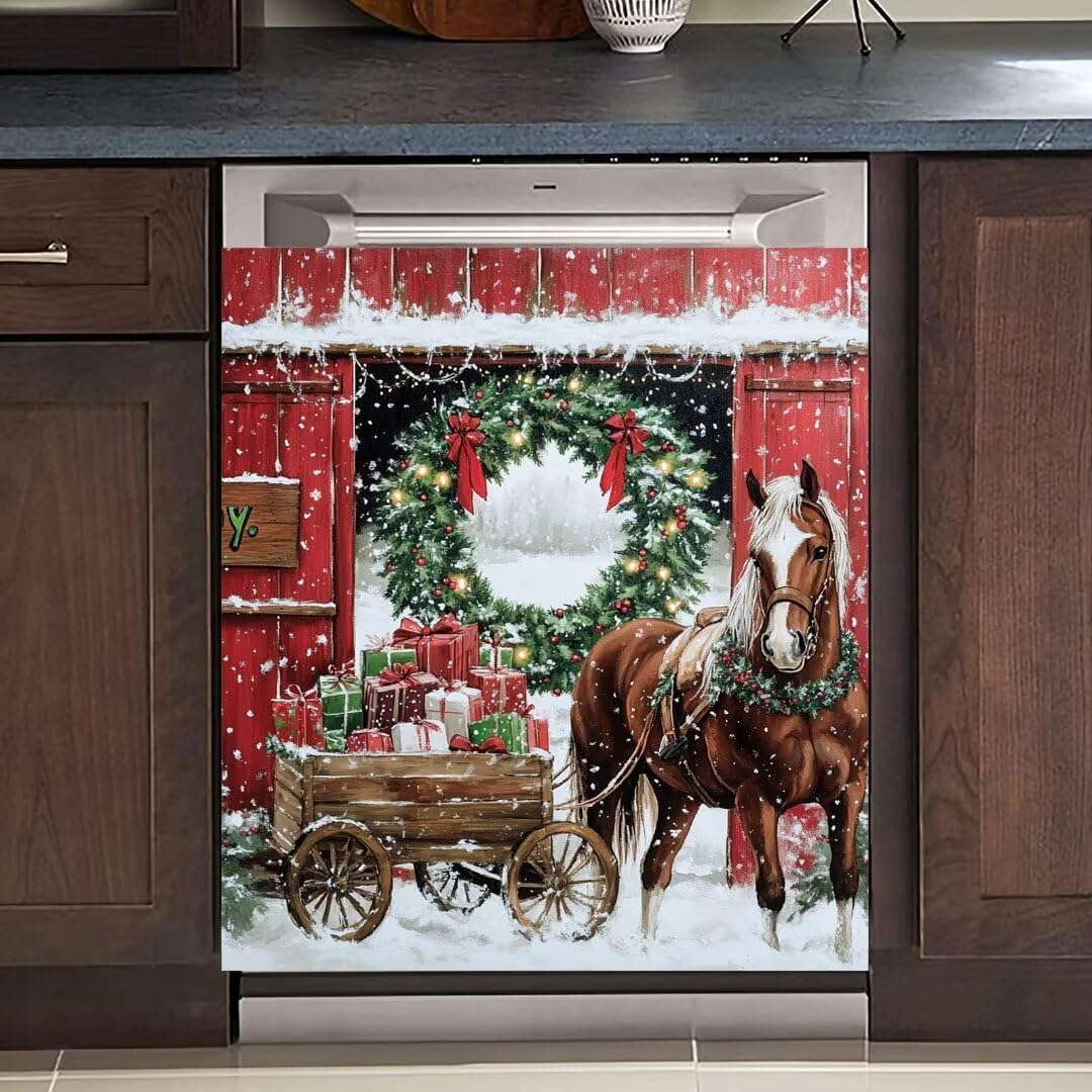 Vintage Wooden Door Xmax Tree Dishwasher Magnet Cover Decal, Christmas Tree Magnetic Dishwasher Stickers, Merry Christmas Vinyl Decal for Dishwasher, 23" W x 26" H Magnetic