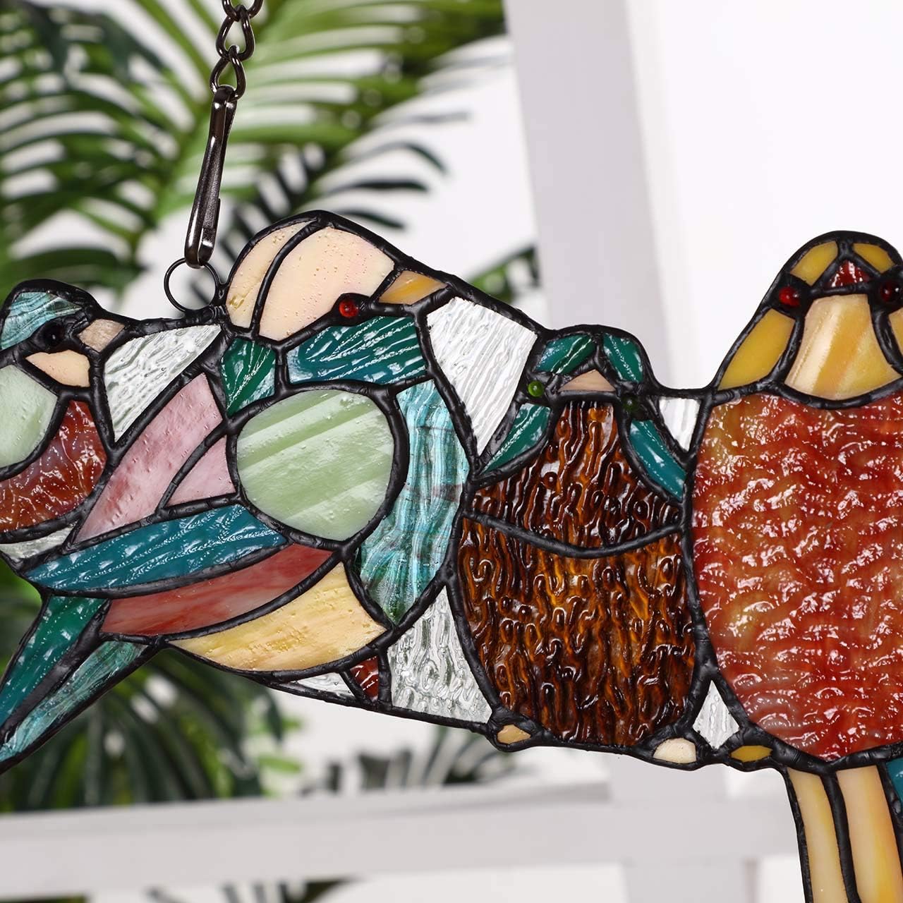 Bieye W10016 19 inches Tropical Birds Tiffany Style Stained Glass Window Panel with Chain, 7 Parrots