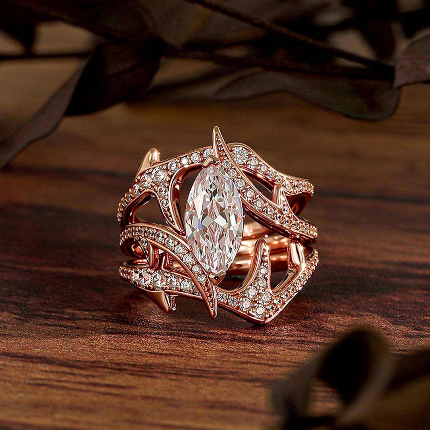 Jeulia 3PCS Stackable Knuckle Midi Rings for Women's Minimalist Chevron V Ring with 2.64CT Cubic Zirconia Sterling Silver & Rose Gold Bridal Ring Sets Teardrop Wedding Band with Jewelry Gift Box