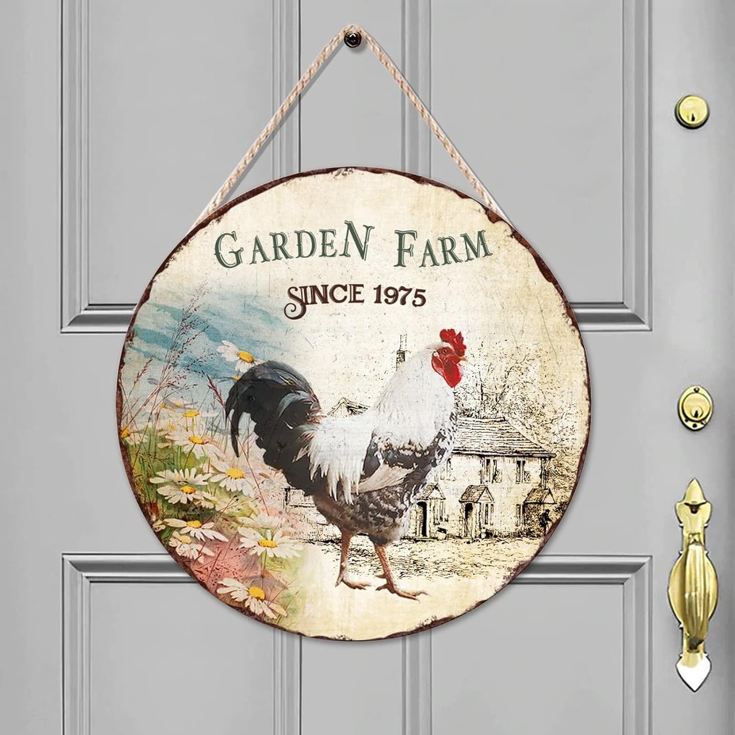 Garden Farm Since 1975 Wood Door Sign Retro Front Door Sign 16x16in Rooster Wall Door Hanging Sign Farmhouse Front Porch Decor Housewarming Gifts