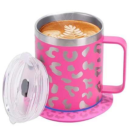 DEQIANG Self Heating Coffee Mug 12oz,Coffee Mug Warmer Set,Heated Coffee Mug,131 Beverage Coffee Cup Warmer with Mug for Desk,Powered by USB DC-5V (Rose & Leopard Print)