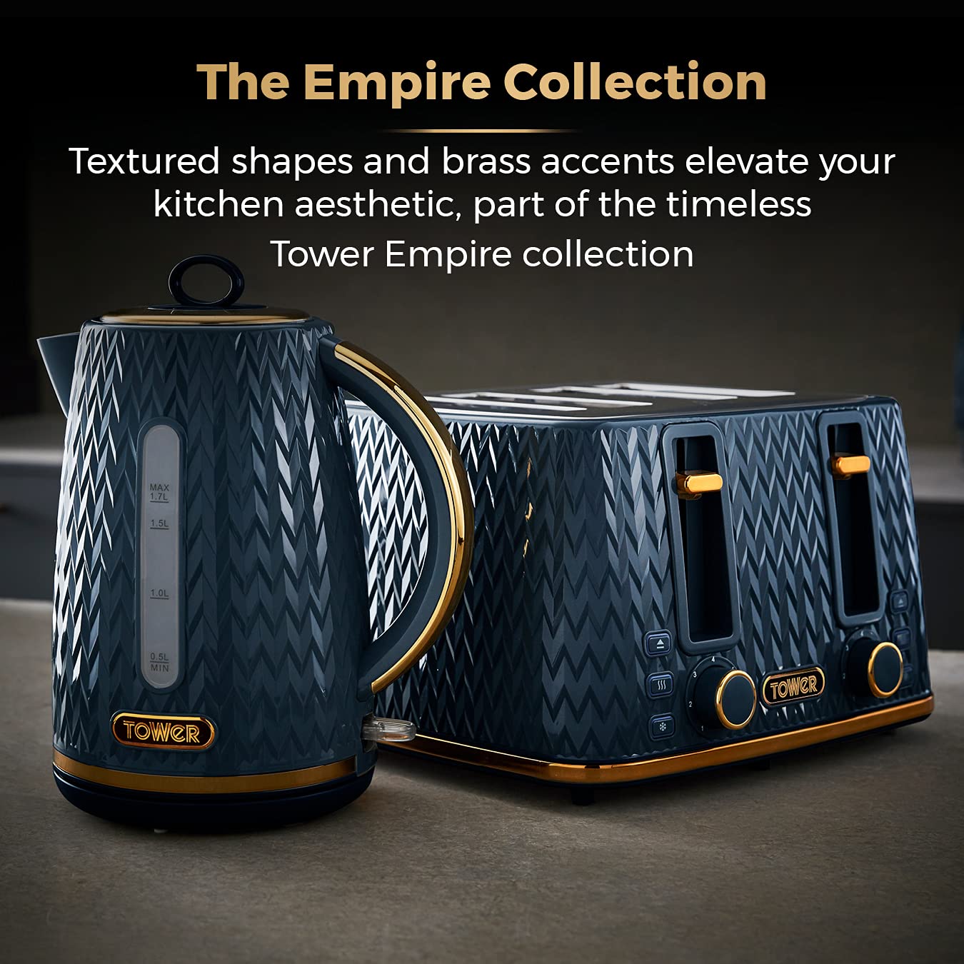 Tower T20061MNB Empire 4-Slice Toaster with Defrost/Reheat, Removable Crumb Trays, 1600W, Midnight Blue and Brass - Image 4