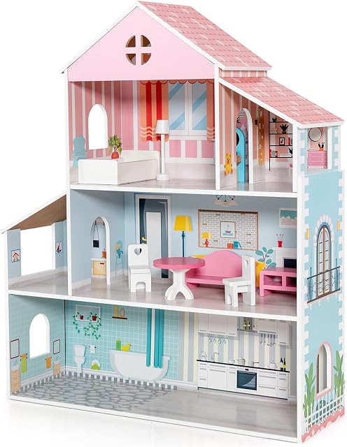 GYMAX Kids Dollhouse, Wooden 3 Storey Dolls House with 8 Furniture Accessories, Large Doll House for Girls Boys Aged 3-7 Years Old