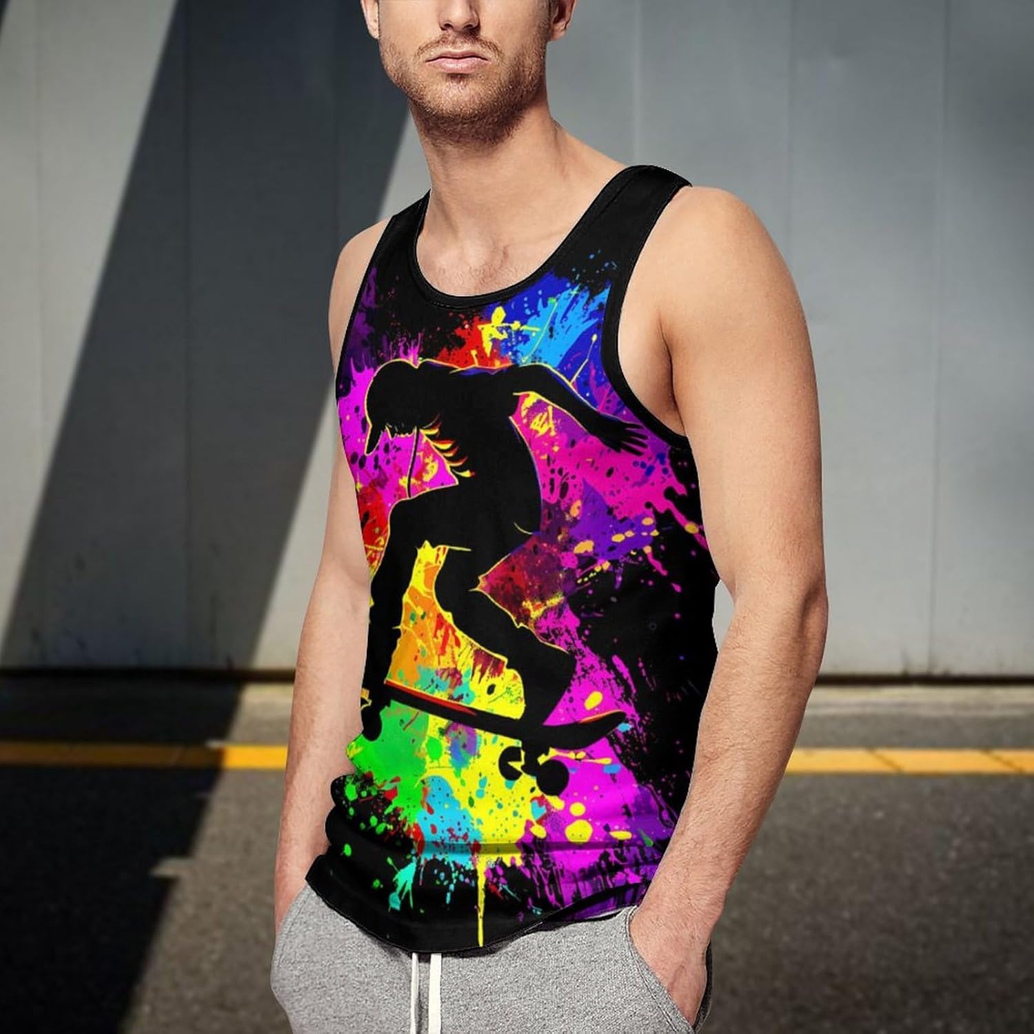 Skateboard Colorful Rainbow Tie-Dye Men's Tank Top Sleeveless Muscle Shirts Vest Beach T Shirts for Workout Gym