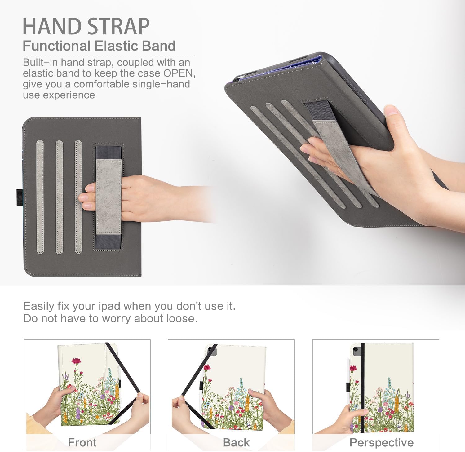 iPad Air 13 inch Case (M3/M2) 2025/2024, iPad Pro 12.9 inch 6th/5th/4th/3rd Generation Folie Case with Pencil Holder Multi-Angle Adjustable Stand Shockproof Pocket/Hand Strap/Auto Wake Sleep, Flowers - Image 5