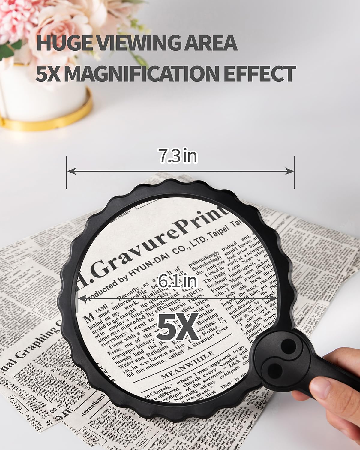 HEMONNKAM 5X Handheld Magnifying Glass, 6.1IN Large Viewing Area Loupe Magnifier for Reading and Close Work, Black - Image 5